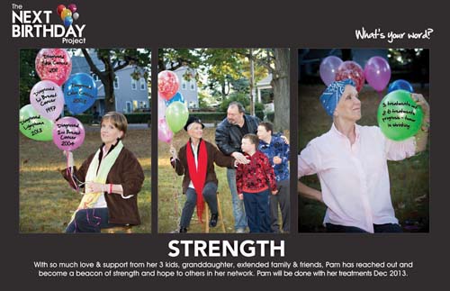 STRENGTH: Pam King's photos- taken by her daughter Tracy- were the inspiration for a new campaign called the Next Birthday Project. The balloons- in the left panel- symbolize each of the five cancers that King has faced and beaten.